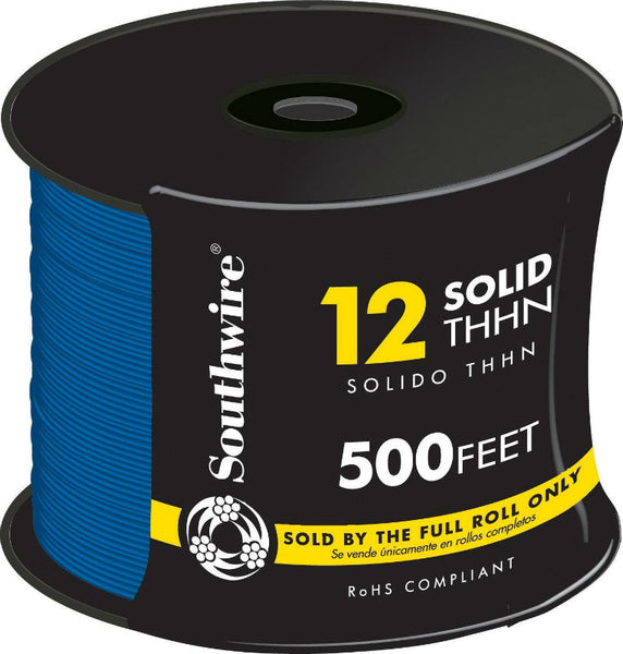 Southwire® 11590758 Type THHN Nylon Jacketed 12 Solid Building Wire, Blue, 500'