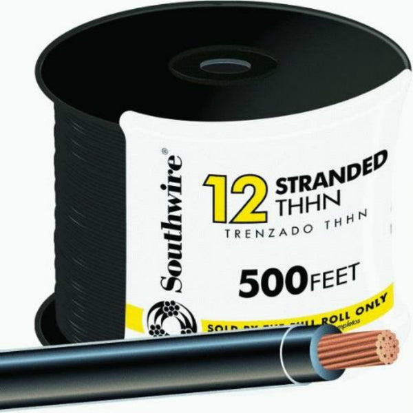 Southwire 22964158 Type THHN Nylon Jacket 12 Stranded Building Wire, Black, 500'