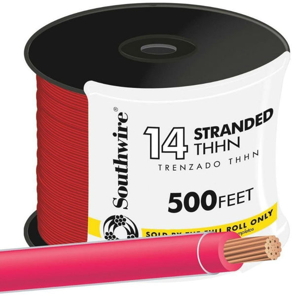Southwire 22957558 Type THHN Nylon Jacket 14 Stranded Building Wire, Red, 500'
