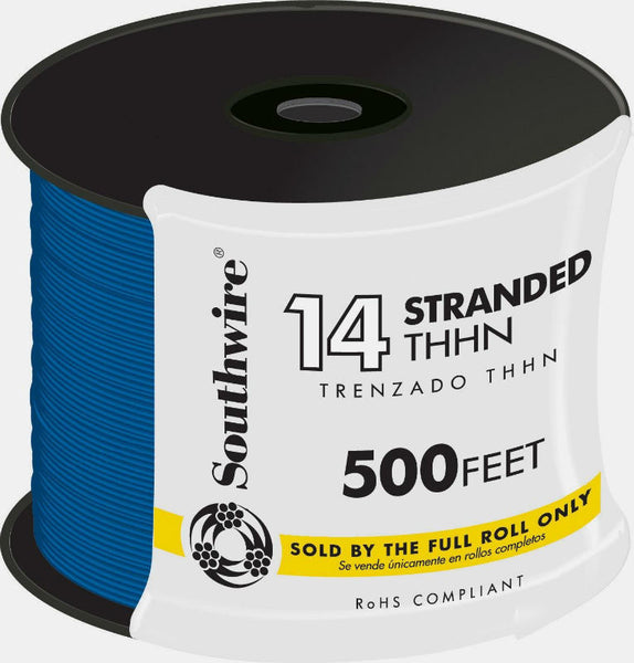 Southwire 22958358 Type THHN Nylon Jacket 14 Stranded Building Wire, Blue, 500'