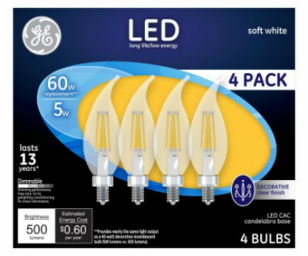 GE Lighting 13325 Candelabra Base CAC Clear Dimmable LED Bulb, 5W, 500L, 4-Pack