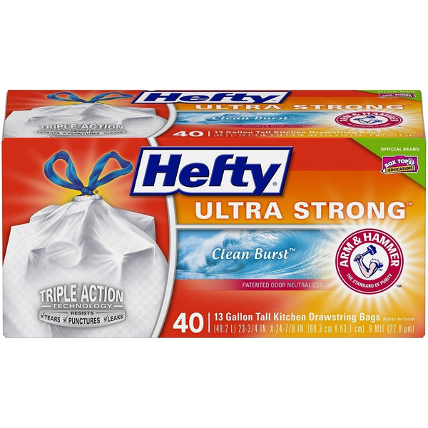 Hefty 00E84557 Ultra Strong Drawstring Kitchen Trash Bag,Clean Burst,13-Gal,40-Ct