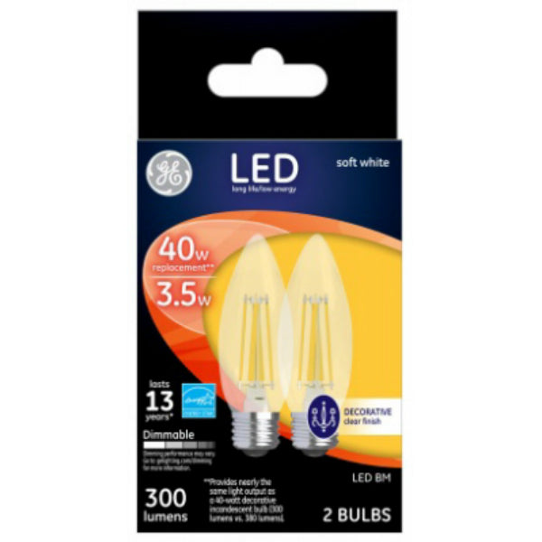 GE 23179 Clear Medium-Base Blunt Tip Dimmable LED Bulb, Soft White, 3.5W, 2-Pk