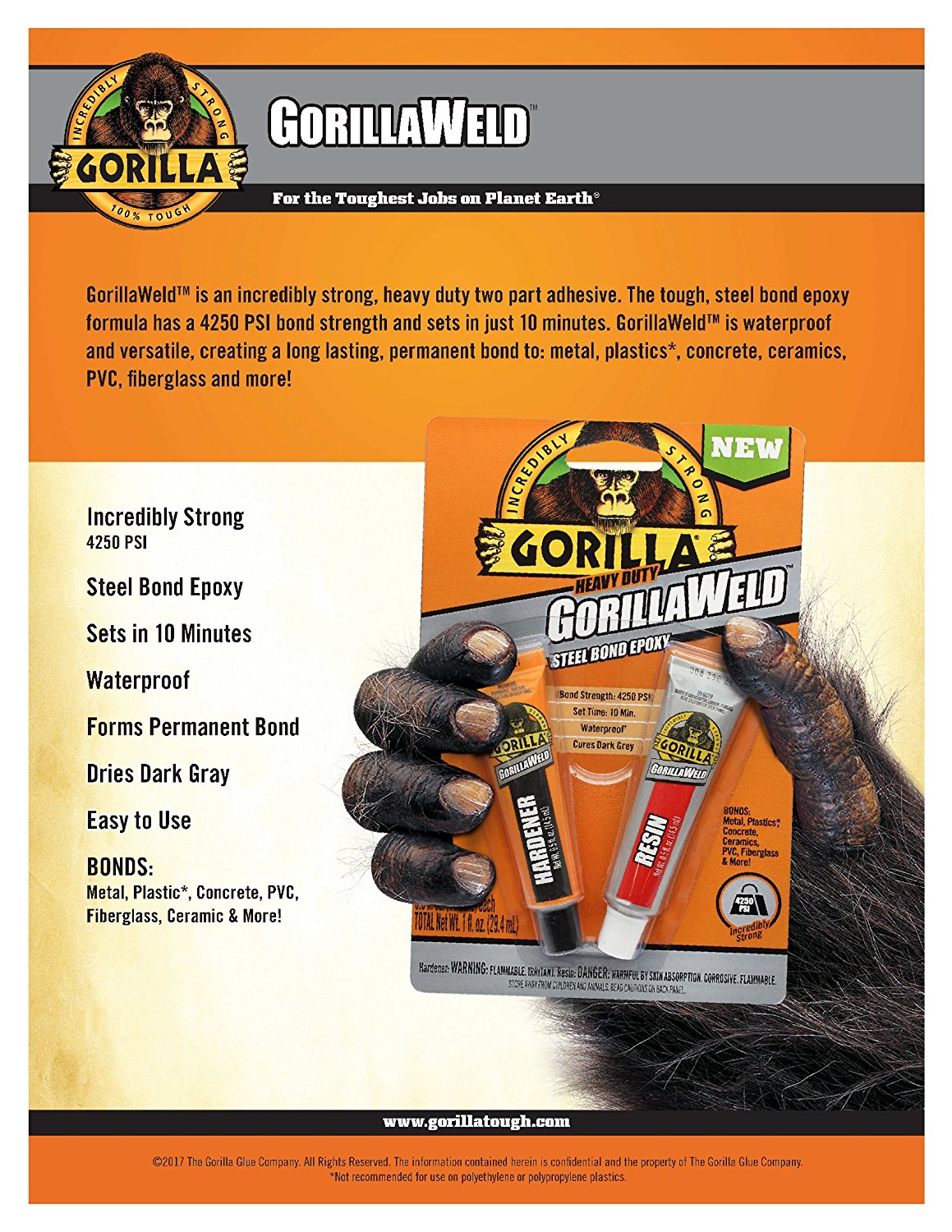 Gorilla® 4330101 Heavy Duty GorillaWeld™ Steel Bond Epoxy, 2-Part