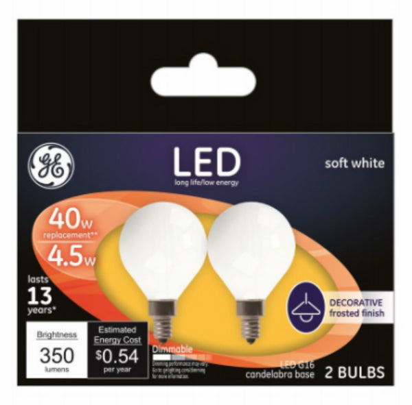 GE 25046 Candelabra Base G16 Frost Dimmable LED Bulb, Soft White, 4.5W, 2-Pack