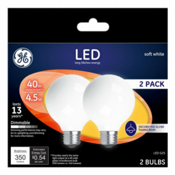 GE 24954 Medium-Base Frost G25 Globe Dimmable LED Bulb, Soft White, 4.5W, 2-Pk