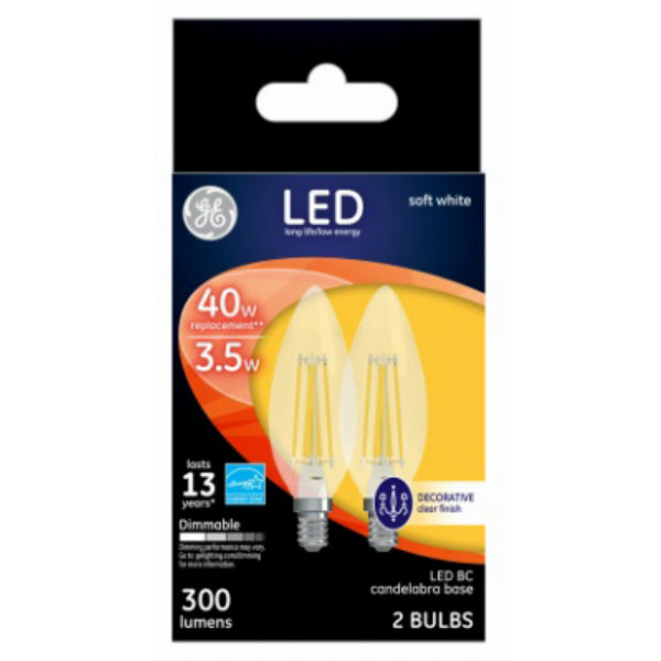 GE 23155 Clear Candelabra-Base Blunt-Tip Dimmable LED Bulb, White, 3.5W, 2-Pk
