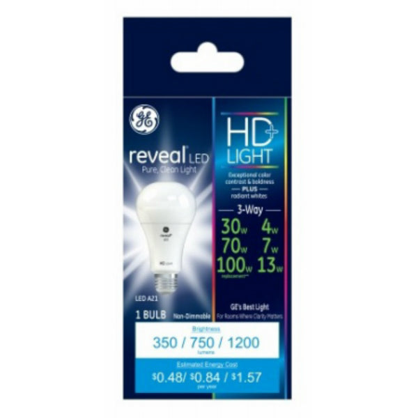 GE Lighting 24196 Reveal® HD+ Medium Base A21 3-Way LED Bulb, 2850K, 4/7/13W