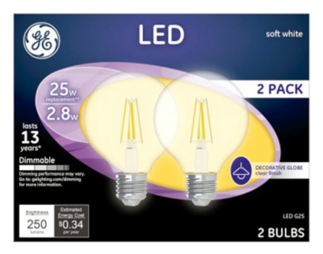 GE Lighting 23049 Clear G25 Dimmable LED Light Bulb, Soft White, 2.8W, 2-Pack