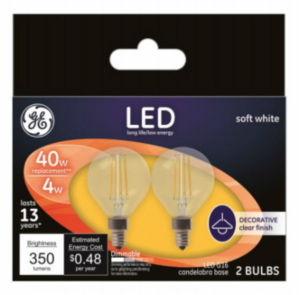 GE 24535 Candelabra Base G16 Clear Dimmable LED Bulb, Soft White, 4W, 2-Pack