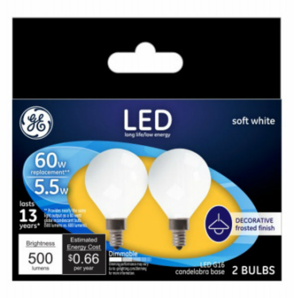 GE 25923 Candelabra Base G16 Frost Dimmable LED Bulb, Soft White, 5.5W, 2-Pack