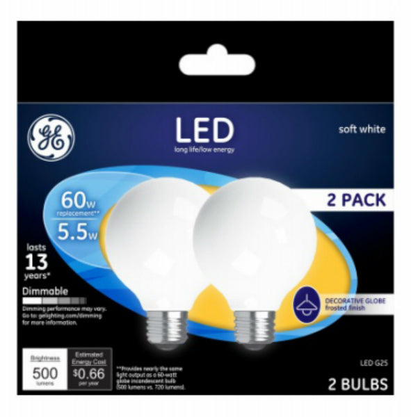 GE 25016 Medium-Base Frost G25 Globe Dimmable LED Bulb, Soft White, 5.5W, 2-Pk