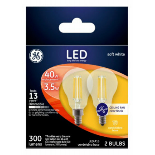GE 24302 Candelabra Base Clear A15 Ceiling Fan LED Bulb, Soft White, 3.5W, 2-Pk