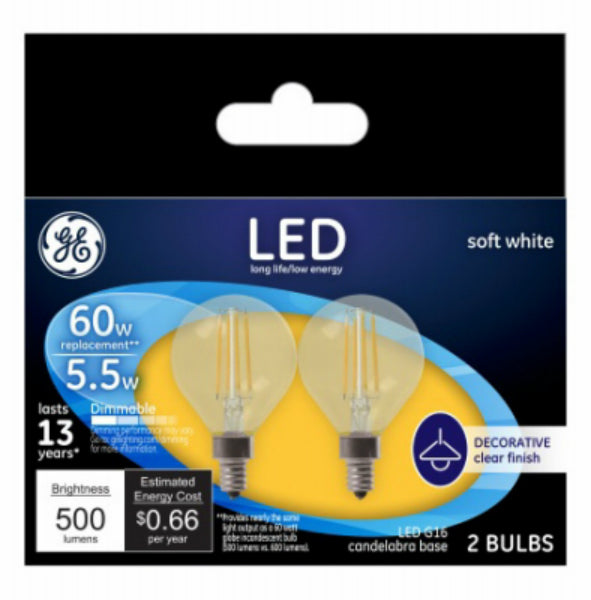 GE 24547 Candelabra Base G16 Clear Dimmable LED Bulb, Soft White, 5.5W, 2-Pack