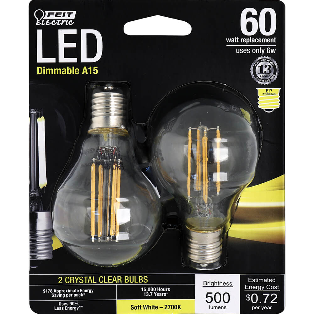Feit Electric® BPA1560N/827/LED/2 Dimmable A15 LED Light Bulb, S-White, 6W, 2-Pk