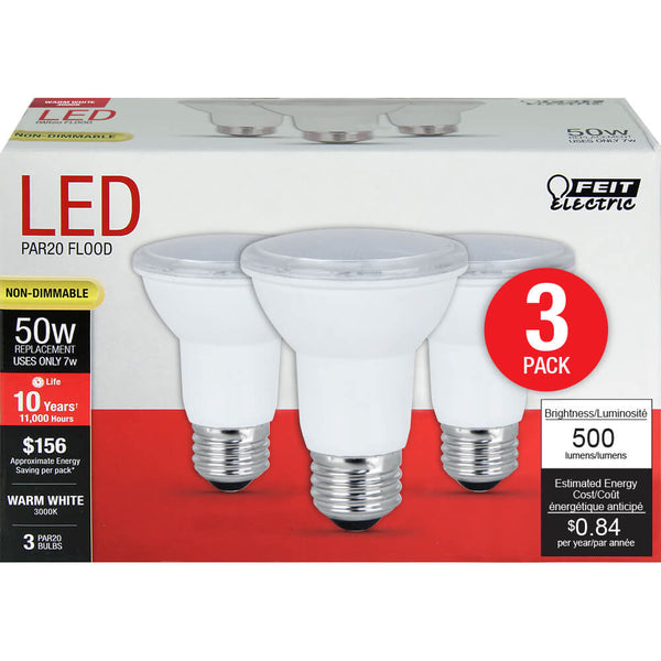 Feit Electric® PAR2050/10KLED/3 Non-Dimmable PAR20 LED Light Bulb, 7W, 3-Pack