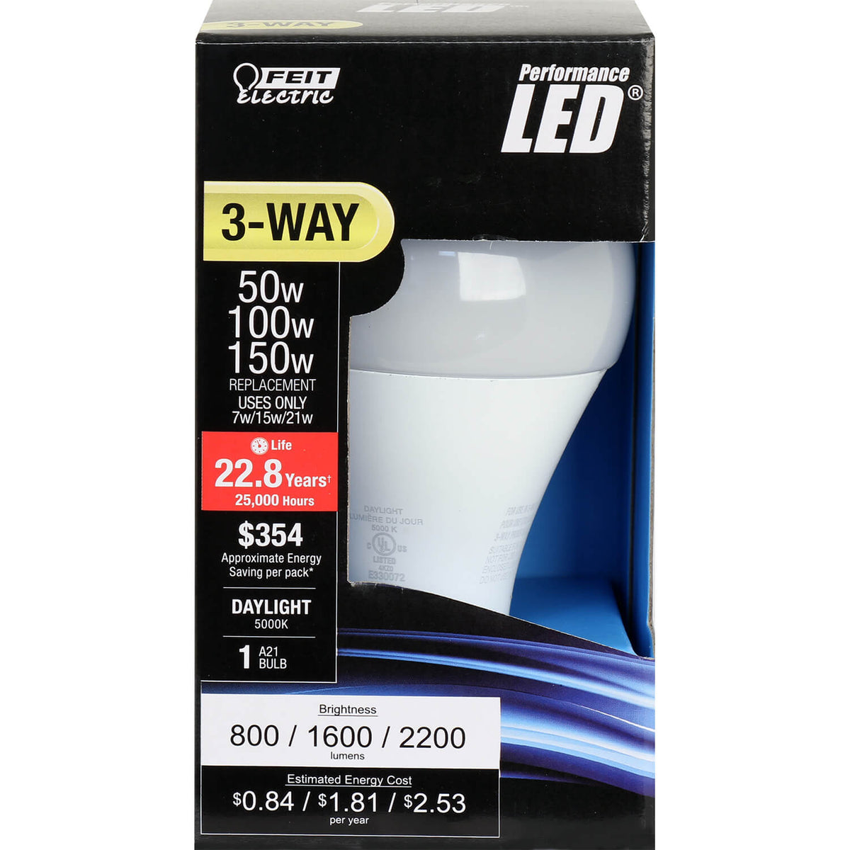 Feit Electric® A50/150/850/LEDG2 Non-Dimmable LED 3-Way Light Bulb, 7 / 15 / 21W