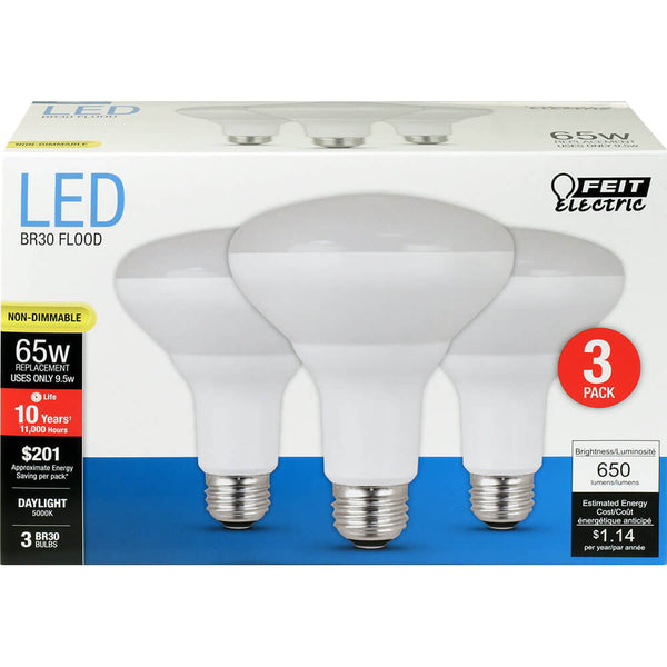 Feit Electric® BR30/850/10KLED/3 Non-Dimmable BR30 LED Bulb, 9.5W, 3-Pack