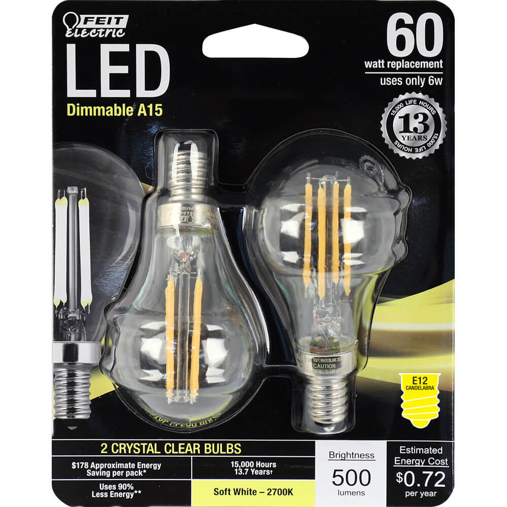 Feit Electric BPA1560C/827/LED/2 Dimmable LED Light Bulb, 2700K, 6 Watts, 2-Pack