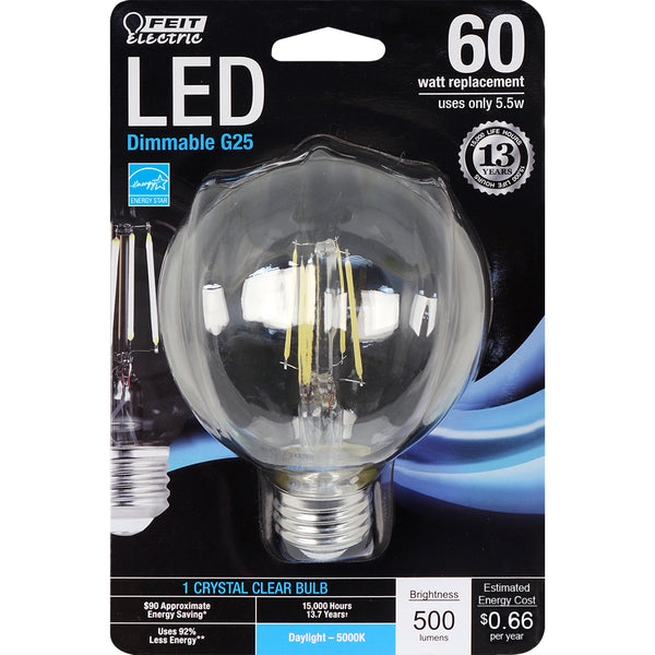 Feit Electric® BPG2560/850/LED Dimmable LED G25 Globe Bulb, Clear, 5000K, 5W
