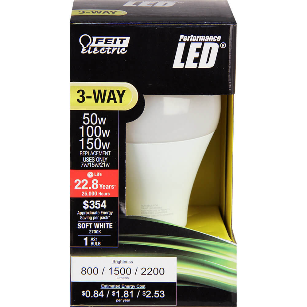 Feit Electric A50/150/LEDG2 Non-Dimmable LED 3-Way Light Bulb, 7 / 15 / 21 Watts