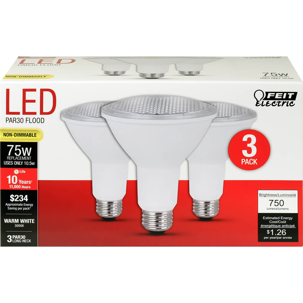 Feit Electric® PAR30L75/10KLED/3 Non-Dimmable PAR30 LED Bulb, 10.5W, 3-Pack