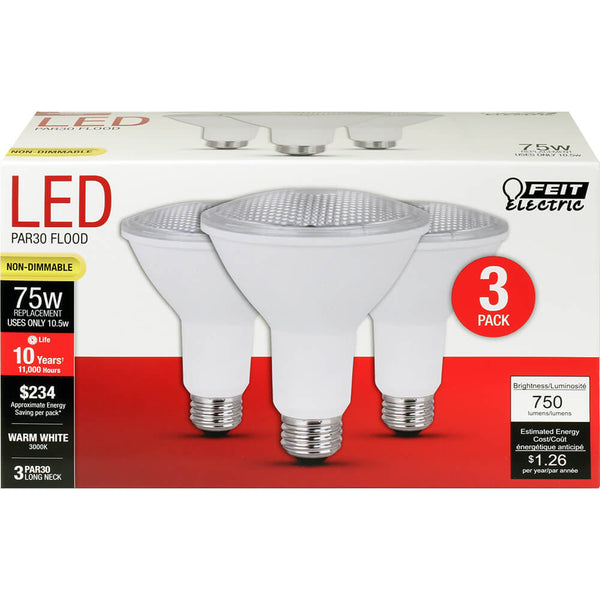 Feit Electric® PAR30L75/10KLED/3 Non-Dimmable PAR30 LED Bulb, 10.5W, 3-Pack