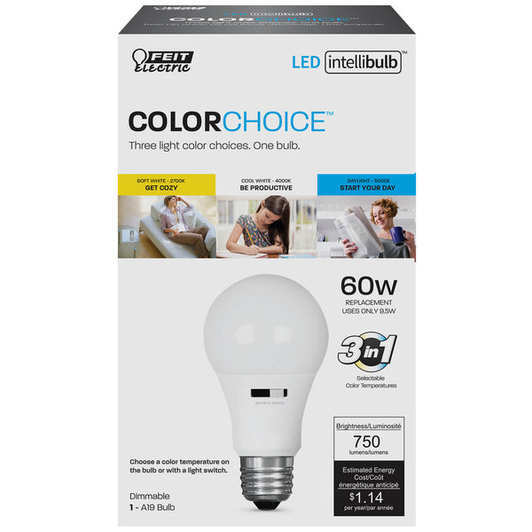 Feit Electric® A800/CCT/LEDI IntelliBulb™ ColorChoice™ 3-In-1 A19 LED Bulb, 9.5W