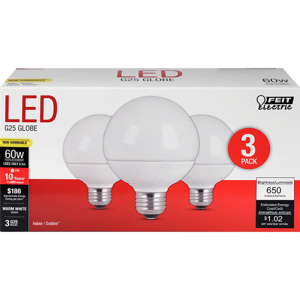 Feit Electric® G2560/10KLED/3 Non-Dimmable G25 LED Bulb, Warm White, 60W, 3-Pk