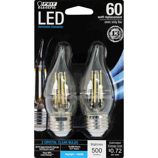 Feit Electric® BPEFC60/850/LED/2 Dimmable Flame Tip LED Bulb, Clear, 6W, 2-Pack