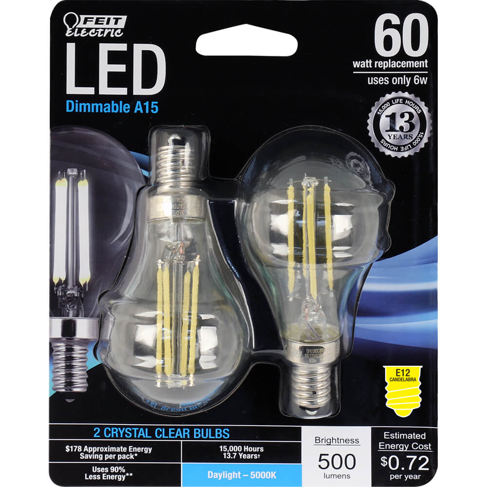Feit Electric BPA1560C/850/LED/2 Dimmable LED Light Bulb, 5000K, 6 Watts, 2-Pack
