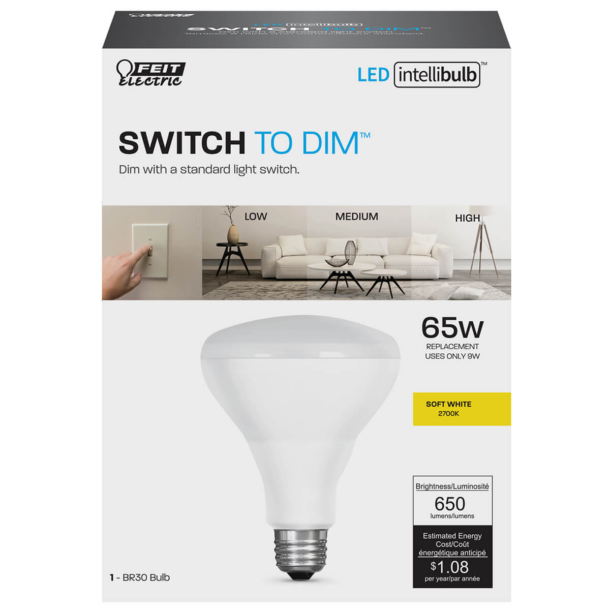 Feit Electric® BR30/827/3DIM/LEDI IntelliBulb™ Switch To Dim™ BR30 LED Bulb, 9.5W