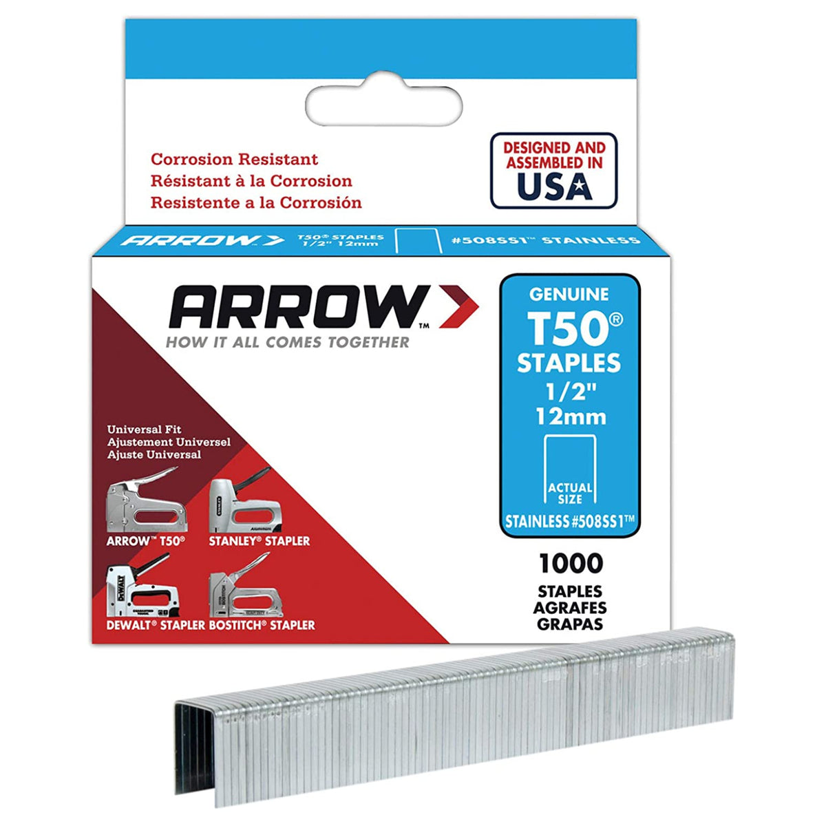 Arrow 508SS1 Corrosion Resistant T50 Staples, Stainless Steel, 1/2"