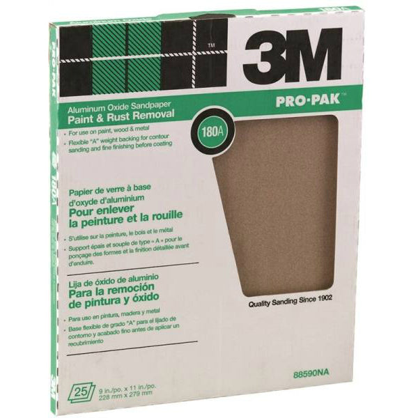 3M 88590 Pro-Pak Aluminum Oxide Sandpaper, 180 Grit, 9" x 11", 25-Count