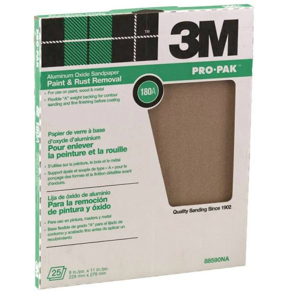 3M 88590 Pro-Pak Aluminum Oxide Sandpaper, 180 Grit, 9" x 11", 25-Count