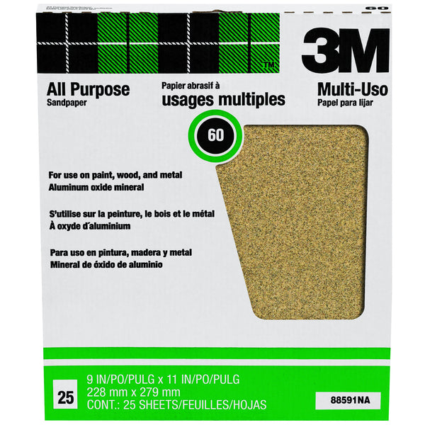 3M 88591 Pro-Pak Aluminum Oxide Sandpaper, 60 Grit, 9" x 11", 25-Count