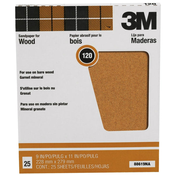 3M 88619 Pro-Pak Garnet Sandpaper, Fine 120 Grit, 9" x 11", 25-Count
