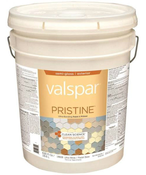 Valspar 18608 Pristine Exterior Paint and Primer, Latex, Semi-Gloss, 5 Gallon