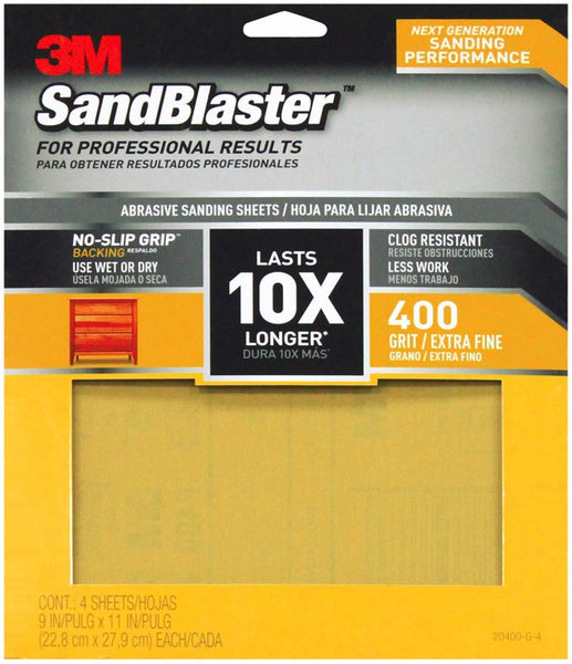 3M 20400-G-4 SandBlaster Sandpaper with No Slip Grip Backing, 400 Grit, 11" X 9"