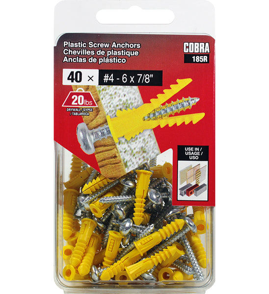 Cobra Anchore 185R Plastic Wall Anchor with Screws, #4-6 x 7/8", 40-Count
