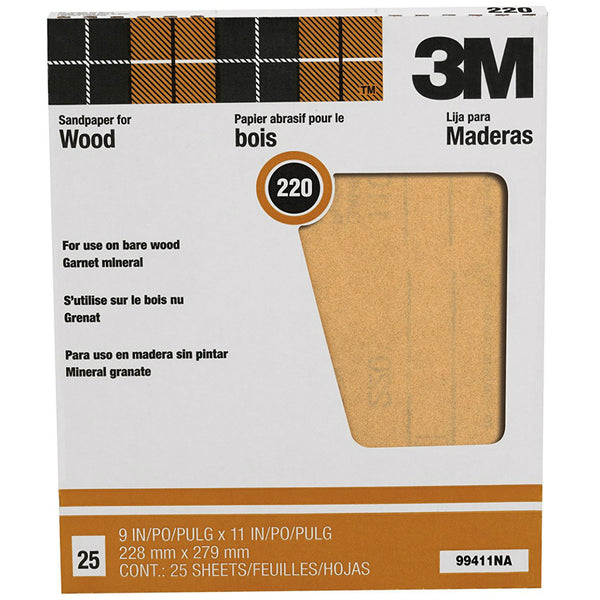 3M 99411 Pro-Pak Surface Preparation Sand Paper, 220 Grit, 11" x 9", 25-Pack