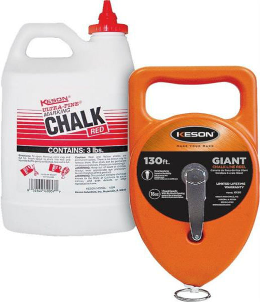 Keson G1303R Chalk Line Reel with Red Chalk, 130', 3 Lbs