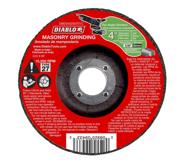 Diablo DBD040250701C Depressed Type-27 Aluminum Oxide Masonry Grinding Wheel, 4"