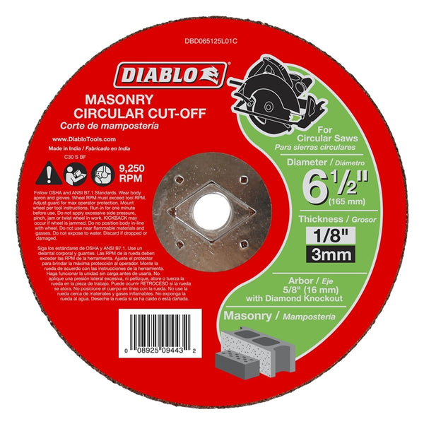Diablo DBD065125L01C Aluminum Oxide Masonry Circular Cut-Off Wheel, 6-1/2" Dia