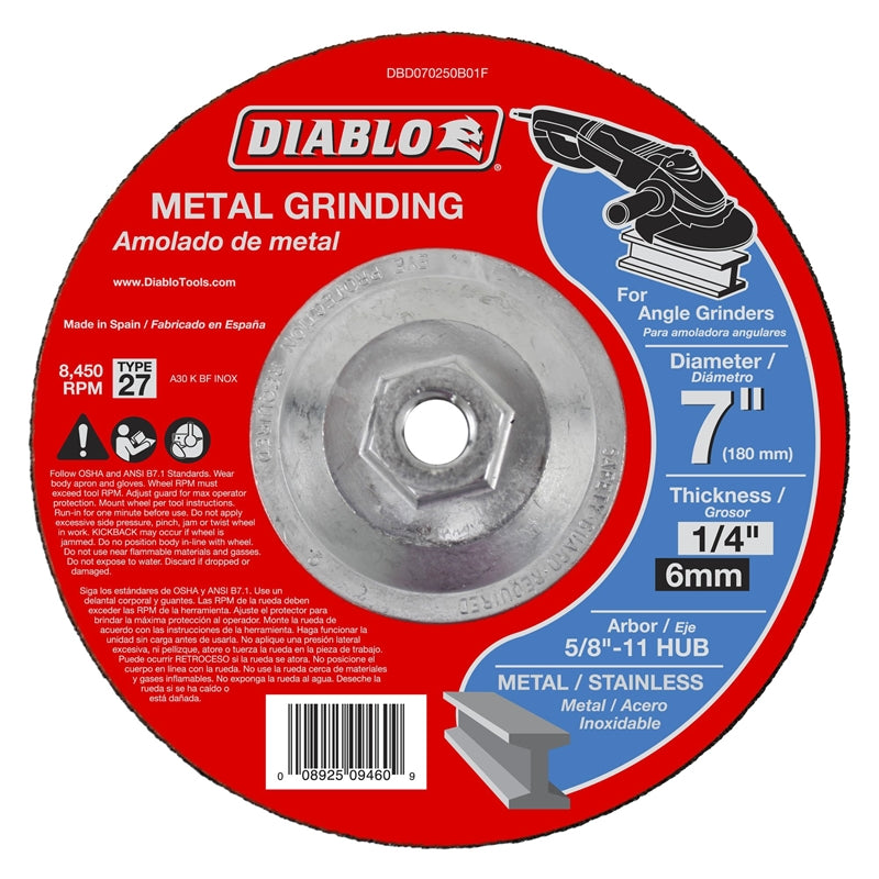 Diablo DBD070250B01F Aluminum Oxide Type 27 Depressed Center Grinding Wheel, 7"
