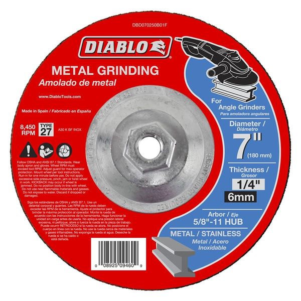 Diablo DBD070250B01F Aluminum Oxide Type 27 Depressed Center Grinding Wheel, 7"
