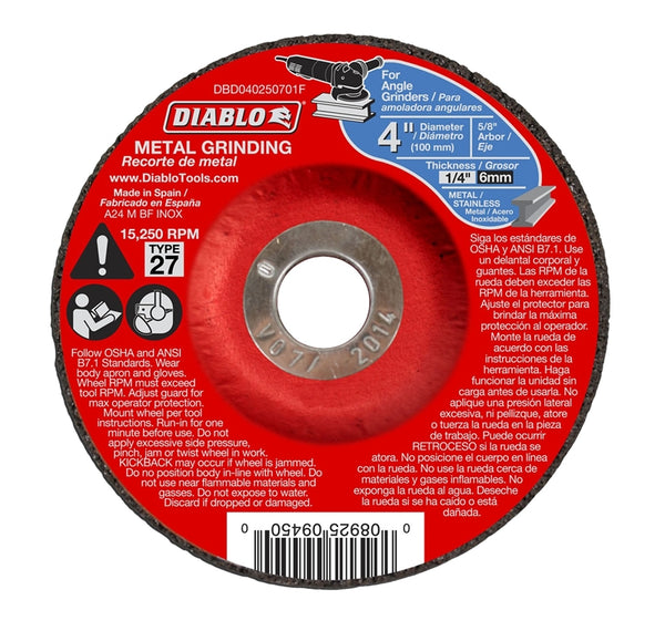 Diablo DBD040250701F Aluminum Oxide Type 27 Metal Grinding Wheel, 4" Dia