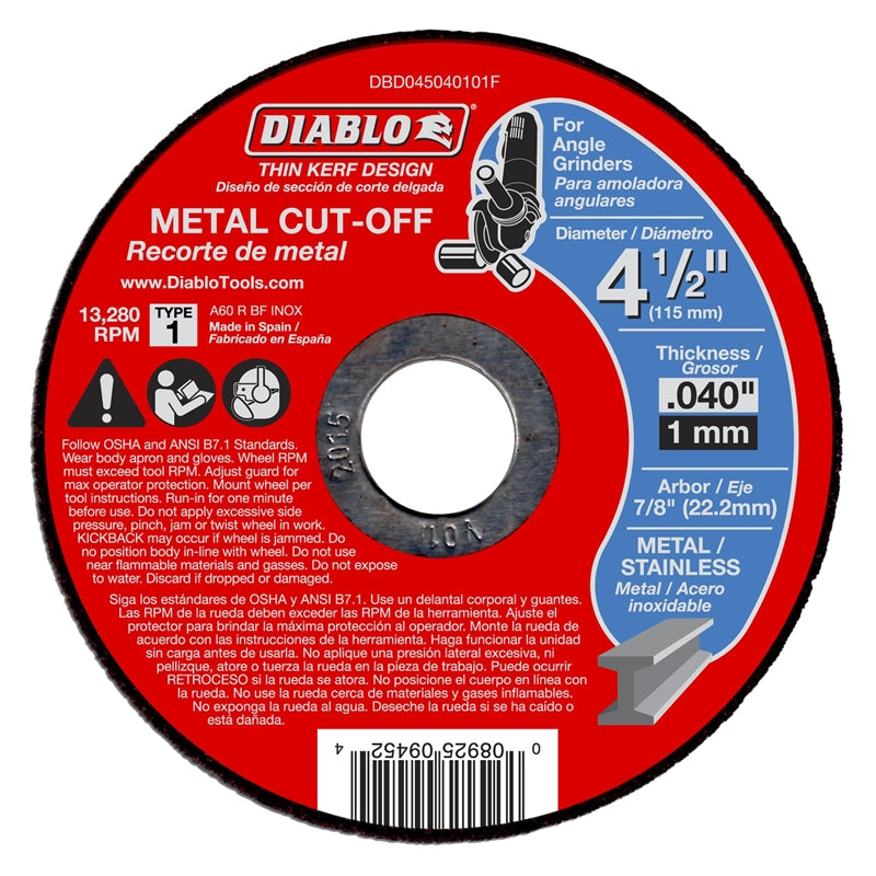 Diablo DBD045040101F Thin-Kerf Aluminum Oxide Metal Cut-Off Wheel, 4-1/2" Dia