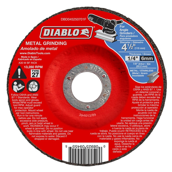 Diablo DBD045250701F Aluminum Oxide Type 27 Metal Grinding Wheel, 4-1/2" Dia