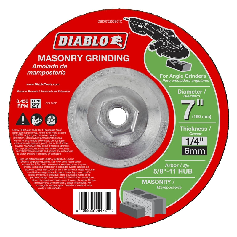 Diablo DBD070250B01C Type 27 Masonry Grinding Disc, 5/8-11" Arbor, 7" Dia.